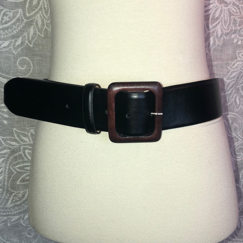 Talbots Black Leather Belt with Brown Square Buckle